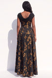 Black Yellow Flower A-Line Cowl Neck Jacquard Long Black Tie Dress