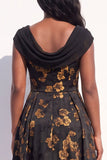 Black Yellow Flower A-Line Cowl Neck Jacquard Long Black Tie Dress