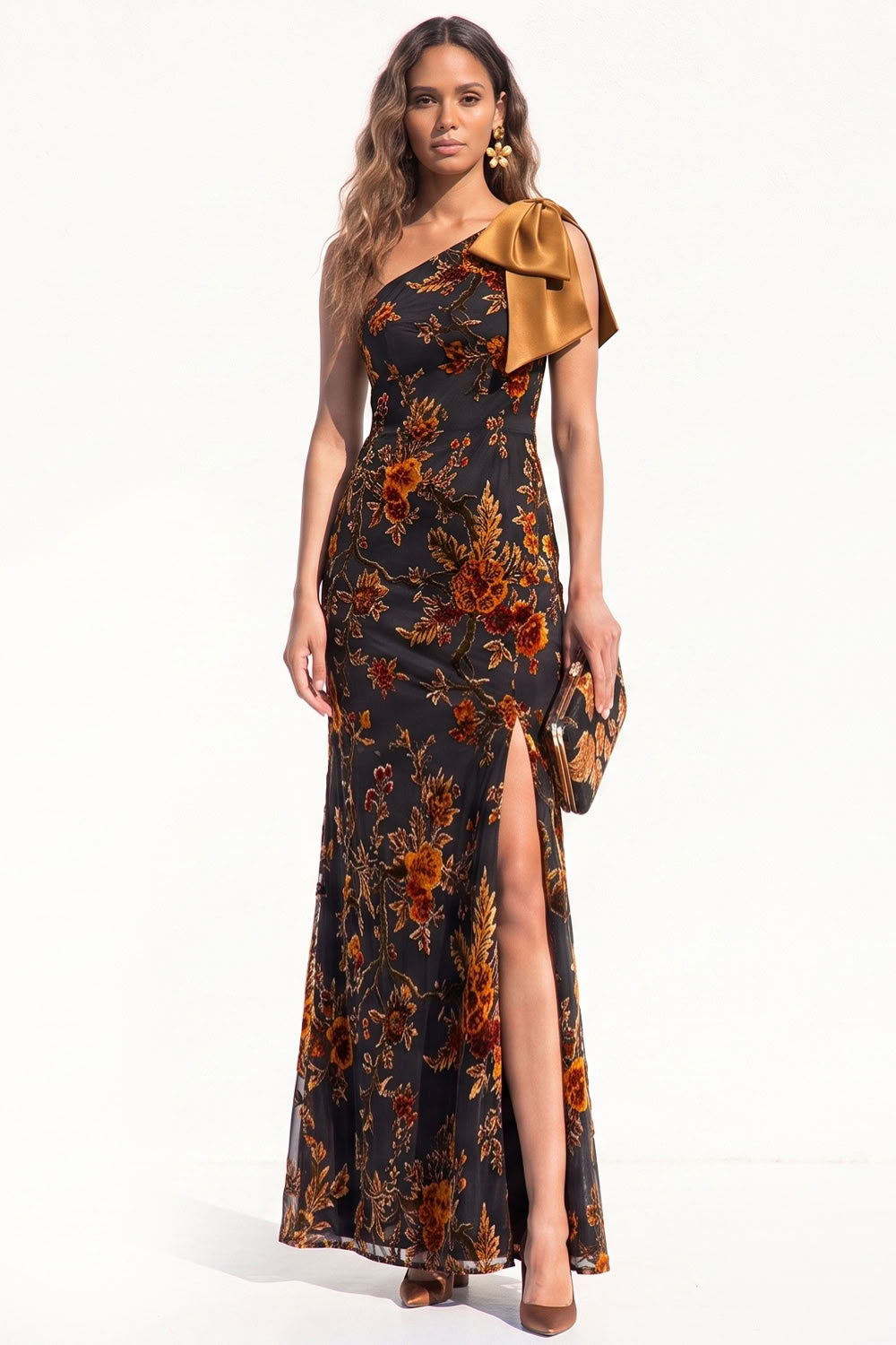Caramel Mermaid One Shoulder Floral Long Black Tie Dress with Bow