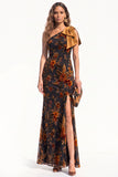 Caramel Mermaid One Shoulder Floral Long Black Tie Dress with Bow