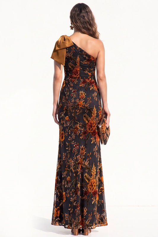 Caramel Mermaid One Shoulder Floral Long Black Tie Dress with Bow