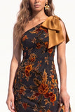Caramel Mermaid One Shoulder Floral Long Black Tie Dress with Bow