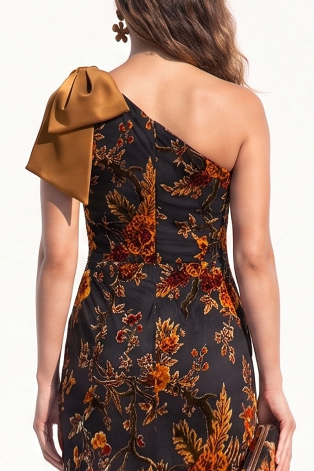 Caramel Mermaid One Shoulder Floral Long Black Tie Dress with Bow