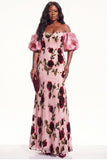 Peach Mermaid Off the Shoulder Floral Long Black Tie Dress