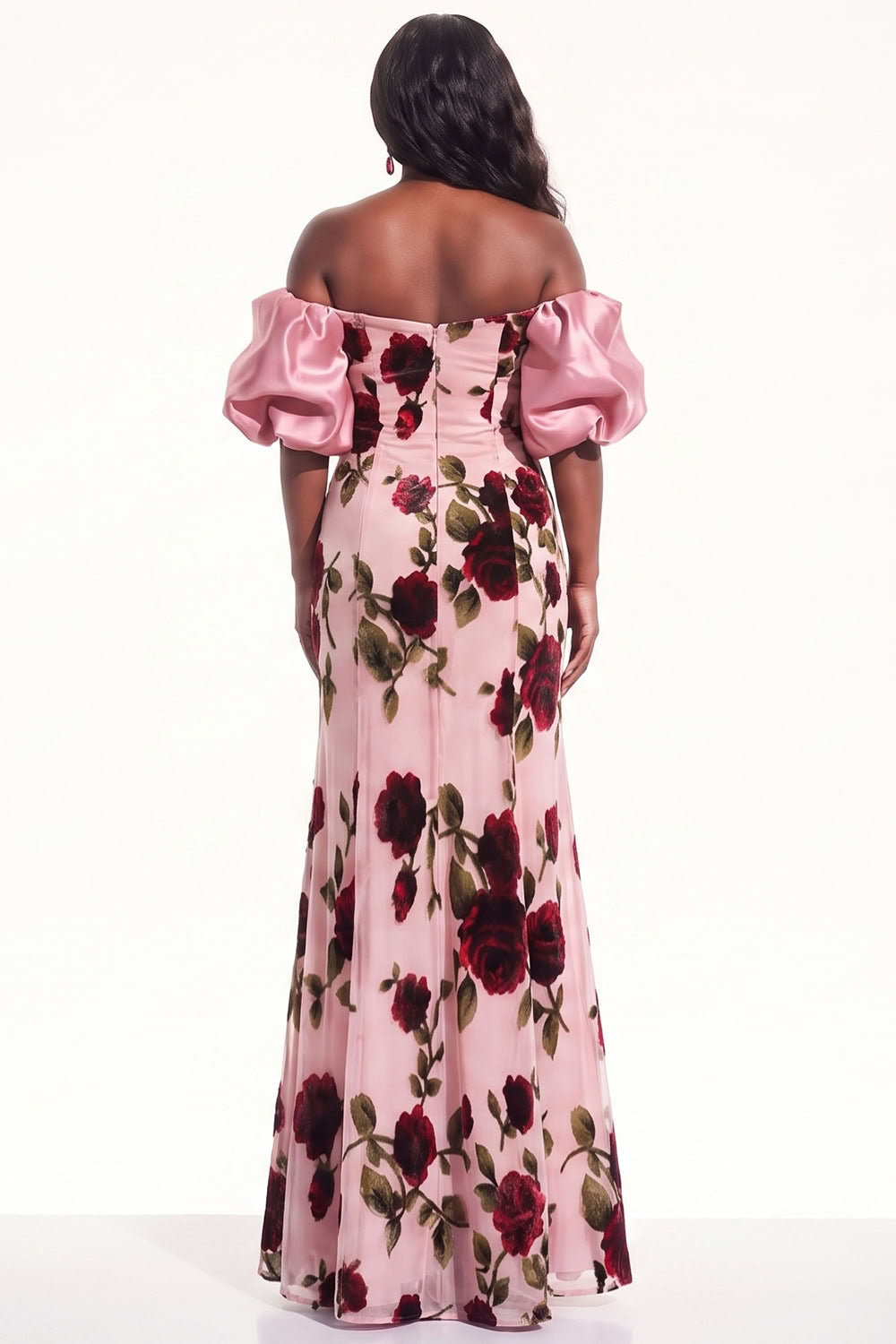 Peach Mermaid Off the Shoulder Floral Long Black Tie Dress