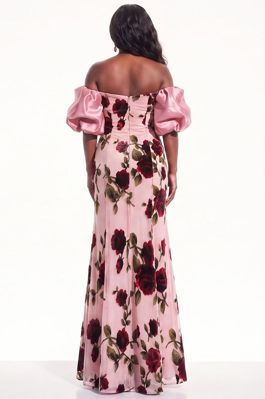 Peach Mermaid Off the Shoulder Floral Long Black Tie Dress