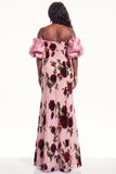 Peach Mermaid Off the Shoulder Floral Long Black Tie Dress