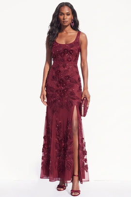 Burgundy Floral Beaded Mermaid Scoop Neck Long Black Tie Dress with Slit