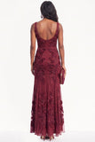 Burgundy Floral Beaded Mermaid Scoop Neck Long Black Tie Dress with Slit