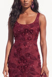 Burgundy Floral Beaded Mermaid Scoop Neck Long Black Tie Dress with Slit