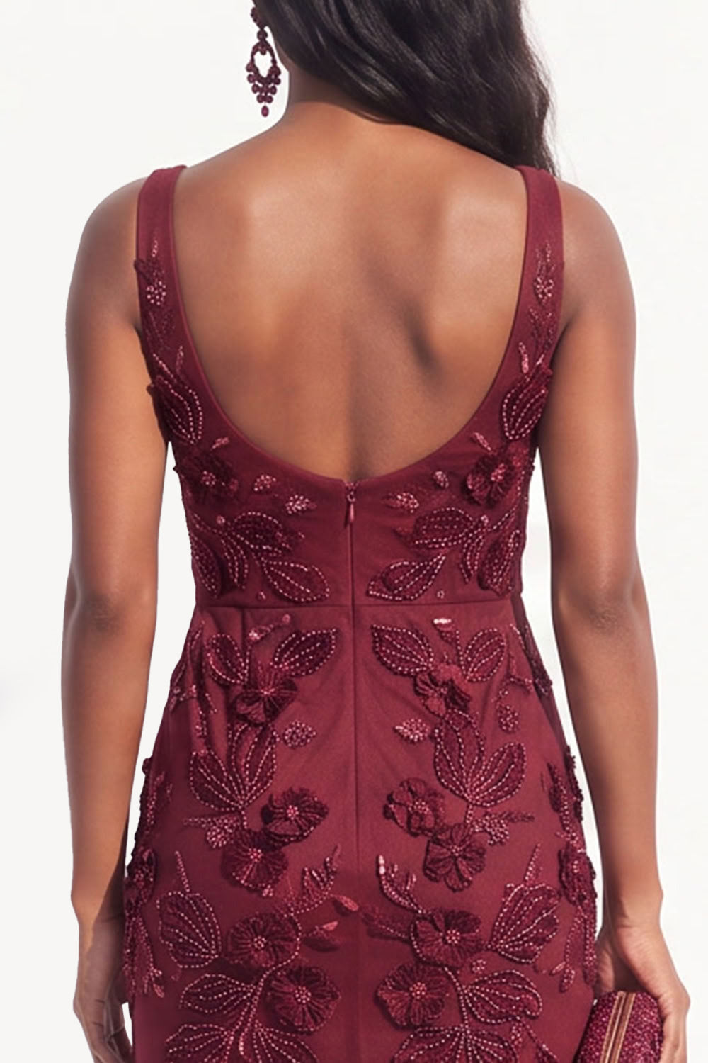 Burgundy Floral Beaded Mermaid Scoop Neck Long Black Tie Dress with Slit