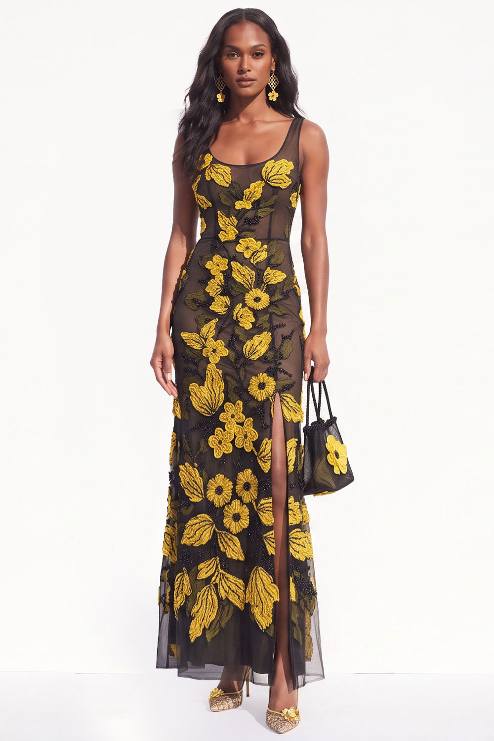 Burgundy Floral Beaded Mermaid Scoop Neck Long Black Tie Dress with Slit