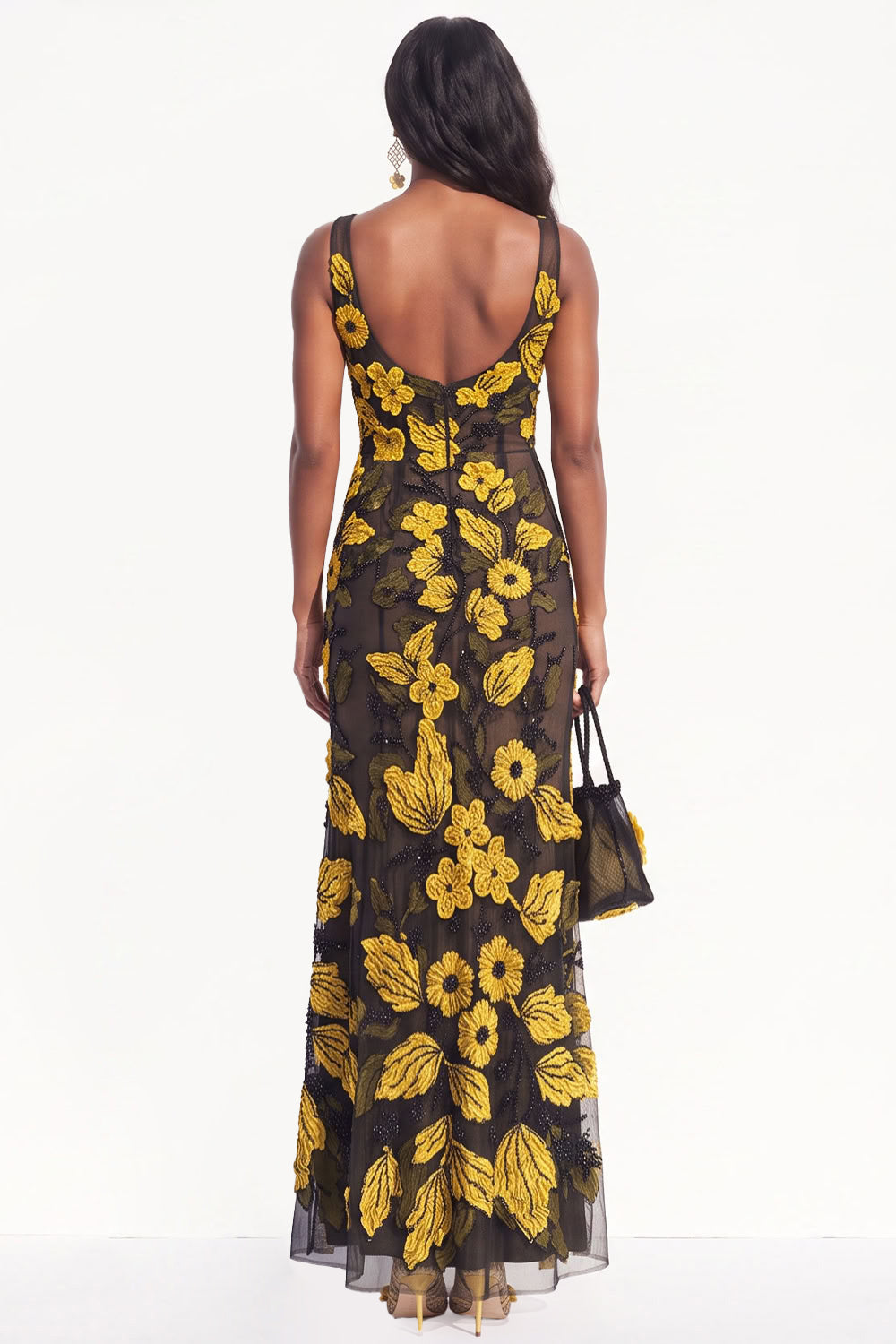 Burgundy Floral Beaded Mermaid Scoop Neck Long Black Tie Dress with Slit