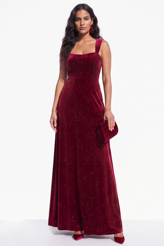 Burgundy Sheath Thick Straps Glitter Long Velvet Holiday Dress