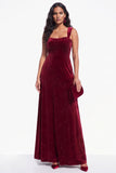 Burgundy Sheath Thick Straps Glitter Long Velvet Holiday Dress