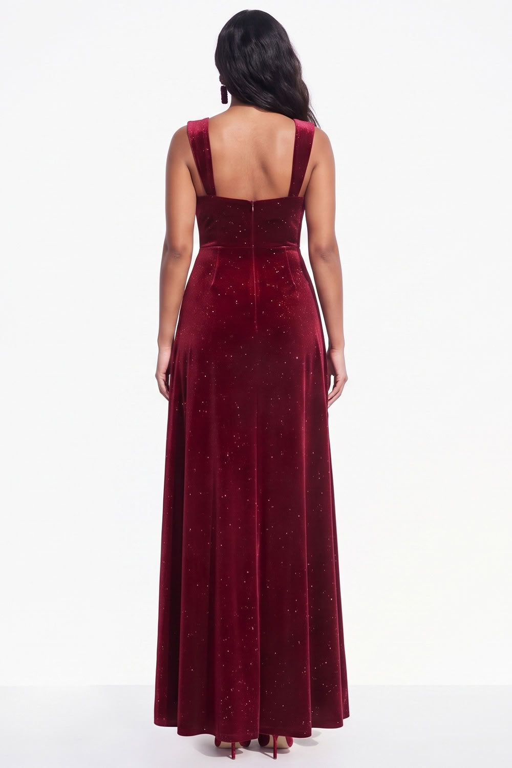 Burgundy Sheath Thick Straps Glitter Long Velvet Holiday Dress
