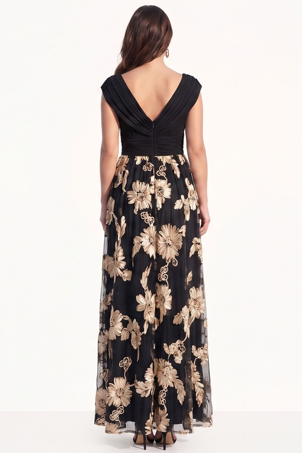 Black Champagne V-Neck Ruched Floral Long Formal Dress with Sleeves