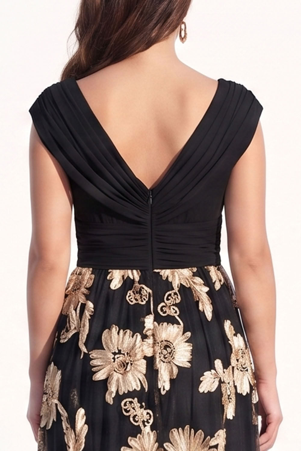 Black Champagne V-Neck Ruched Floral Long Formal Dress with Sleeves