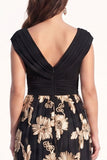 Black Champagne V-Neck Ruched Floral Long Formal Dress with Sleeves