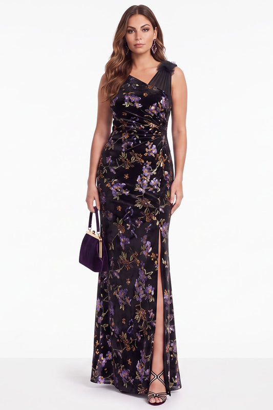Black Purple Flower Mermaid Sequin Long Velvet Holiday Dress with Slit