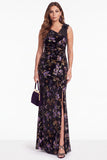 Black Purple Flower Mermaid Sequin Long Velvet Holiday Dress with Slit