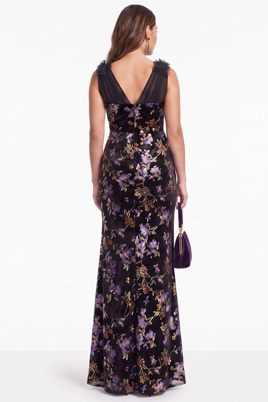 Black Purple Flower Mermaid Sequin Long Velvet Holiday Dress with Slit