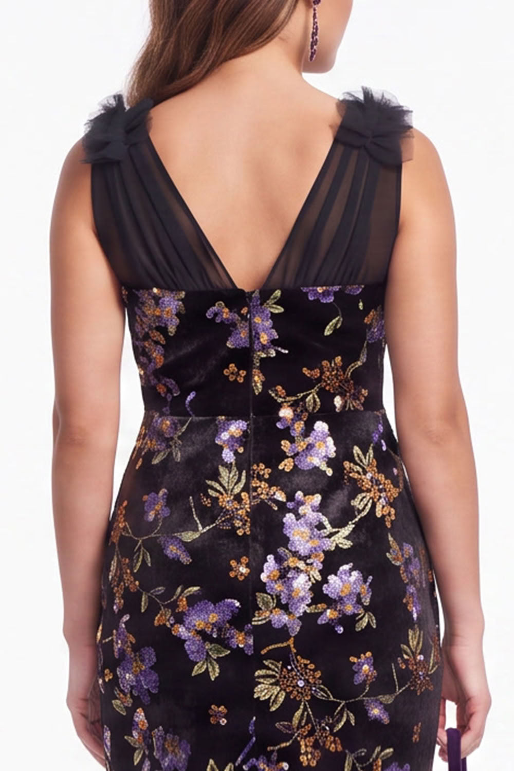 Black Purple Flower Mermaid Sequin Long Velvet Holiday Dress with Slit