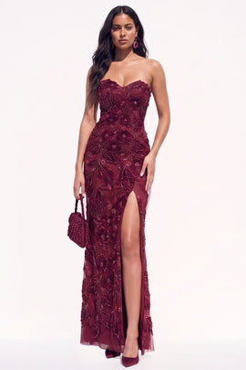 Burgundy Mermaid Floral Beaded Long Black Tie Dress with Slit