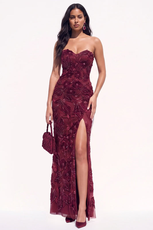 Burgundy Mermaid Floral Beaded Long Black Tie Dress with Slit