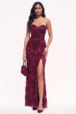 Burgundy Mermaid Floral Beaded Long Black Tie Dress with Slit