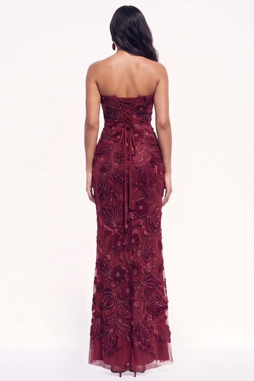 Burgundy Mermaid Floral Beaded Long Black Tie Dress with Slit
