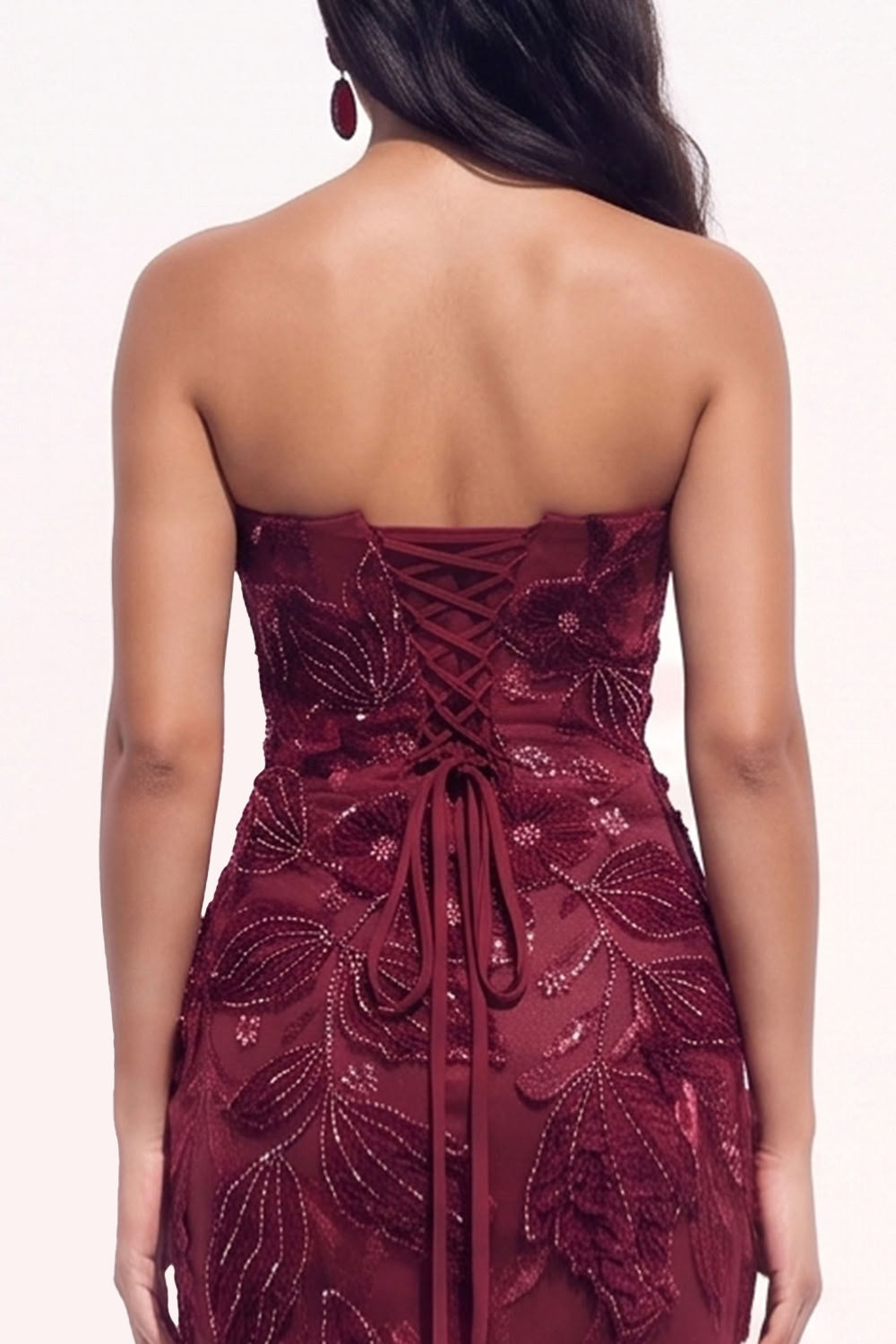 Burgundy Mermaid Floral Beaded Long Black Tie Dress with Slit