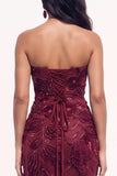 Burgundy Mermaid Floral Beaded Long Black Tie Dress with Slit