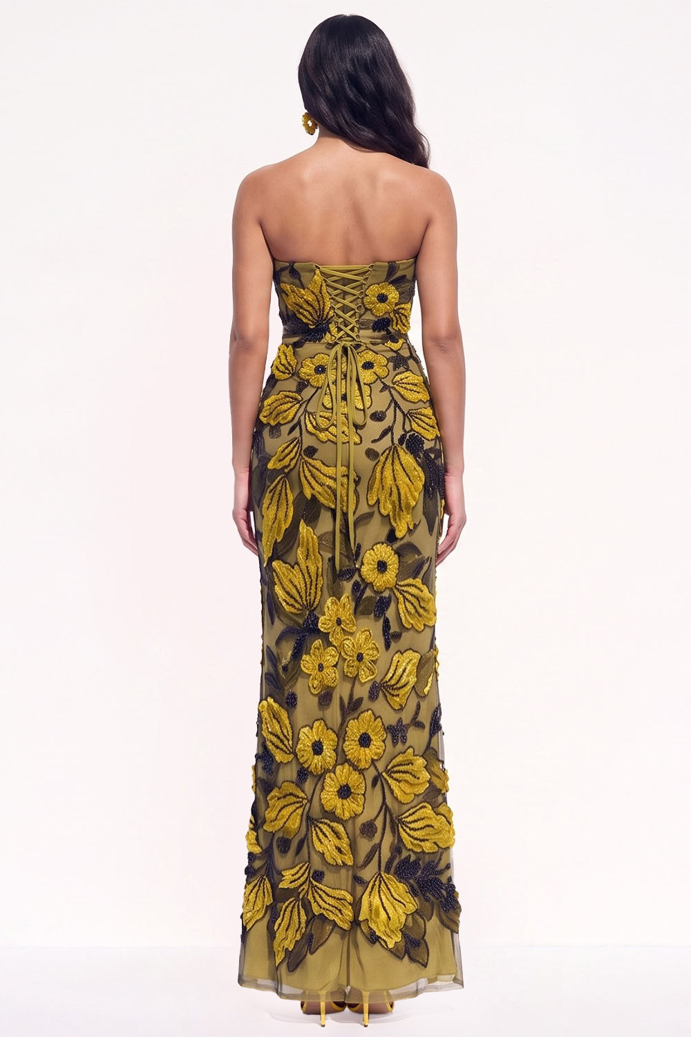 Burgundy Mermaid Floral Beaded Long Black Tie Dress with Slit