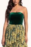 Green Chiffon Strapless Ruffled Floral Tiered Long Black Tie Dress with Slit