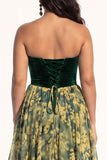 Green Chiffon Strapless Ruffled Floral Tiered Long Black Tie Dress with Slit
