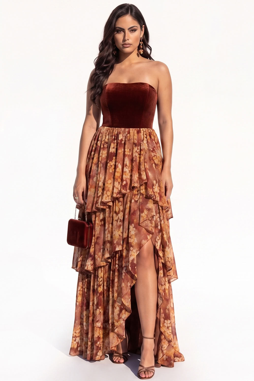 Green Chiffon Strapless Ruffled Floral Tiered Long Black Tie Dress with Slit