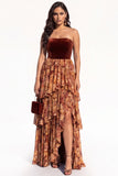 Green Chiffon Strapless Ruffled Floral Tiered Long Black Tie Dress with Slit