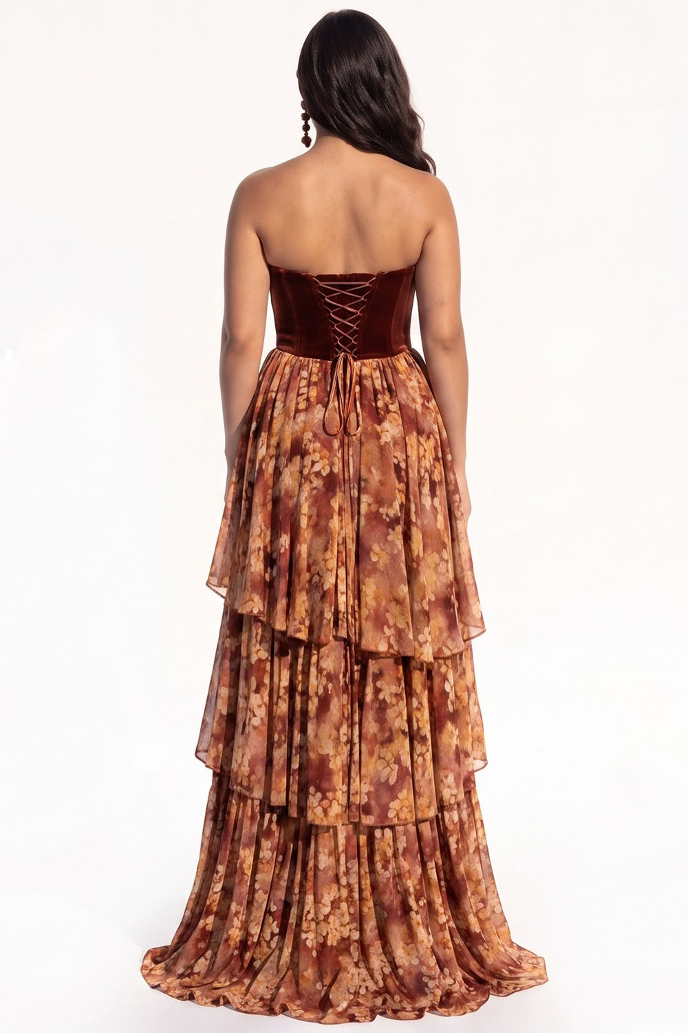 Green Chiffon Strapless Ruffled Floral Tiered Long Black Tie Dress with Slit