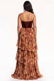 Green Chiffon Strapless Ruffled Floral Tiered Long Black Tie Dress with Slit
