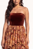 Green Chiffon Strapless Ruffled Floral Tiered Long Black Tie Dress with Slit