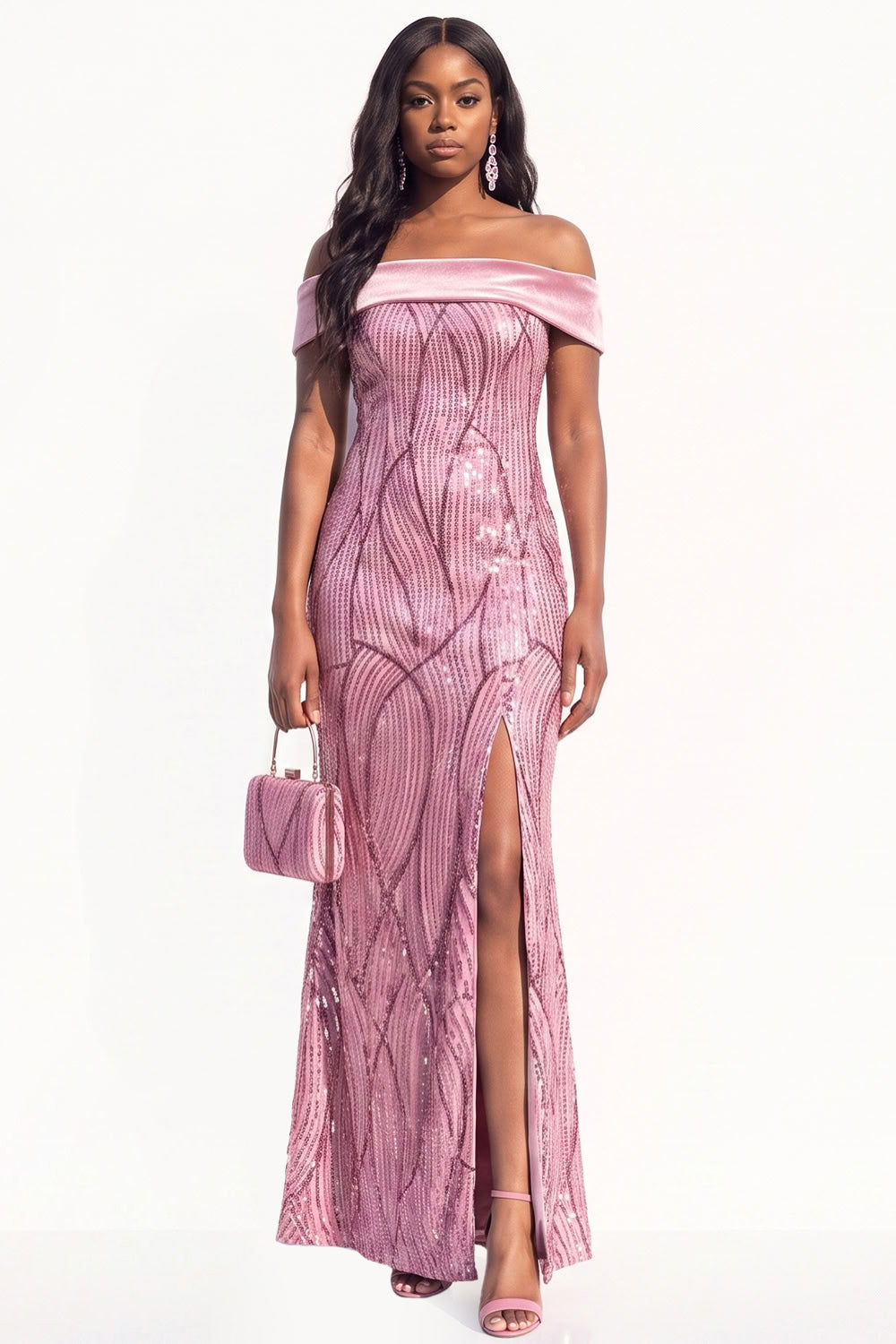 Sparkly Dusty Rose Mermaid Sequins Long Black Tie Dress with Slit