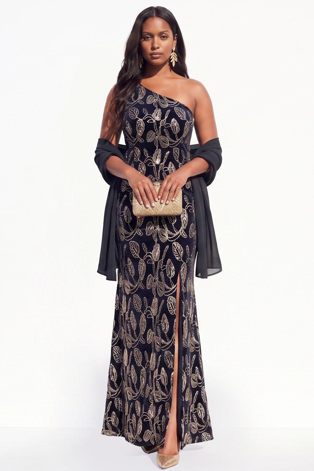 Sparkly Black Velvet Mermaid One Shoulder Floral Long Holiday Dress with Slit