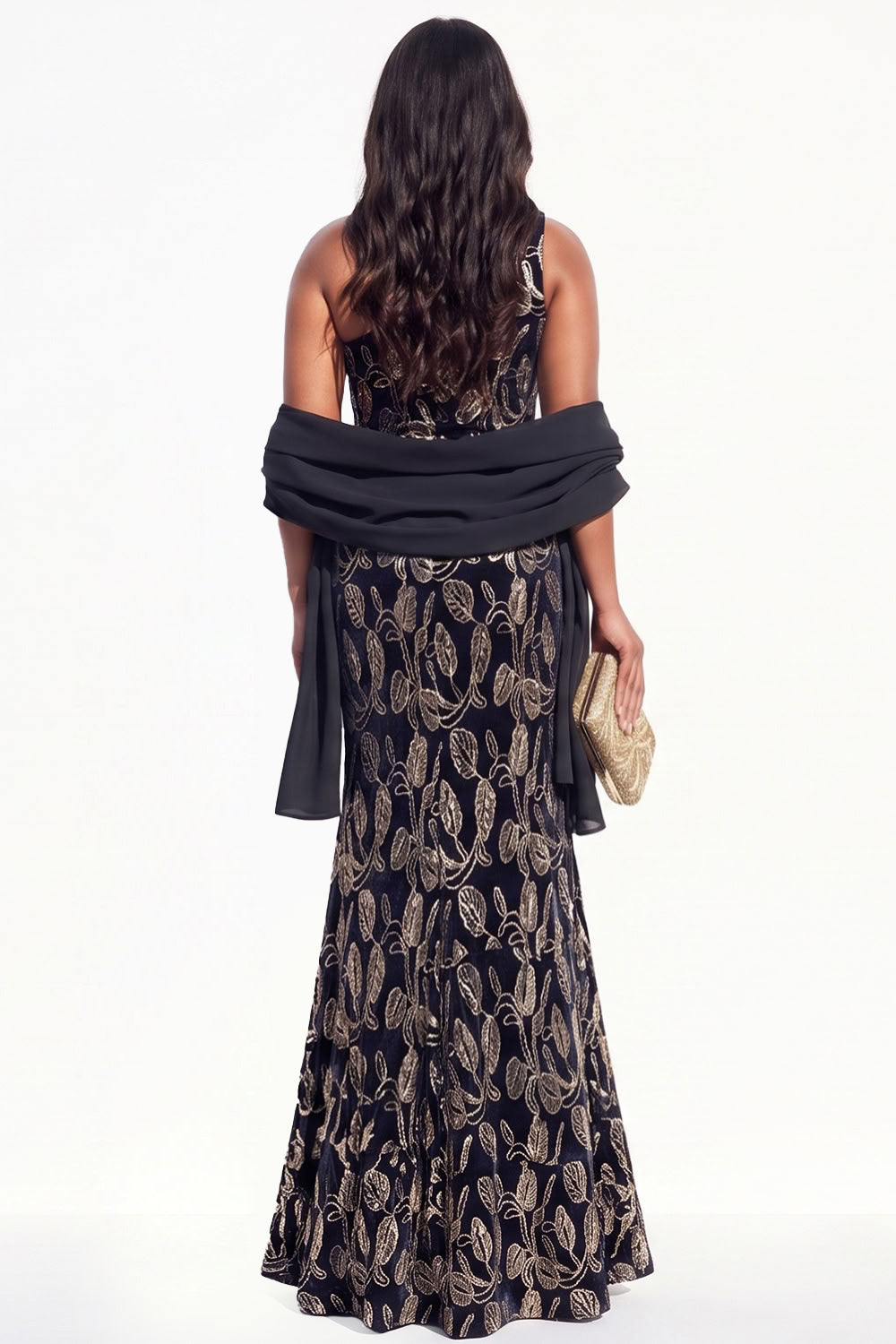Sparkly Black Velvet Mermaid One Shoulder Floral Long Holiday Dress with Slit