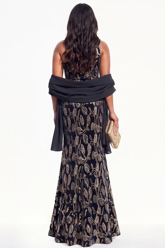 Sparkly Black Velvet Mermaid One Shoulder Floral Long Holiday Dress with Slit