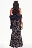 Sparkly Black Velvet Mermaid One Shoulder Floral Long Holiday Dress with Slit