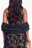 Sparkly Black Velvet Mermaid One Shoulder Floral Long Holiday Dress with Slit