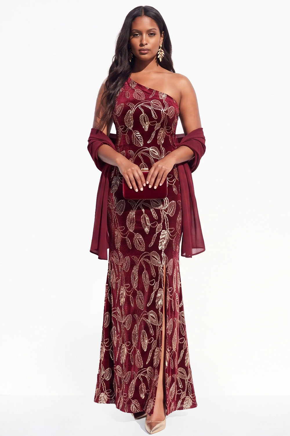 Sparkly Black Velvet Mermaid One Shoulder Floral Long Holiday Dress with Slit