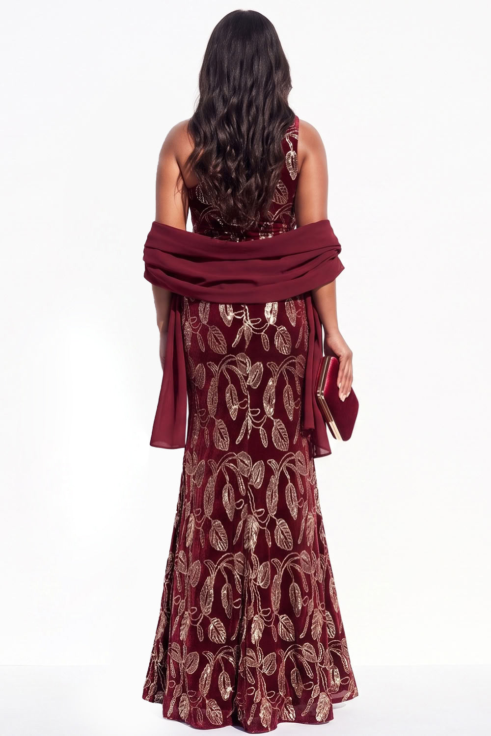 Sparkly Black Velvet Mermaid One Shoulder Floral Long Holiday Dress with Slit