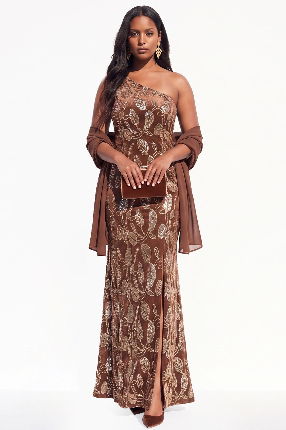 Sparkly Black Velvet Mermaid One Shoulder Floral Long Holiday Dress with Slit